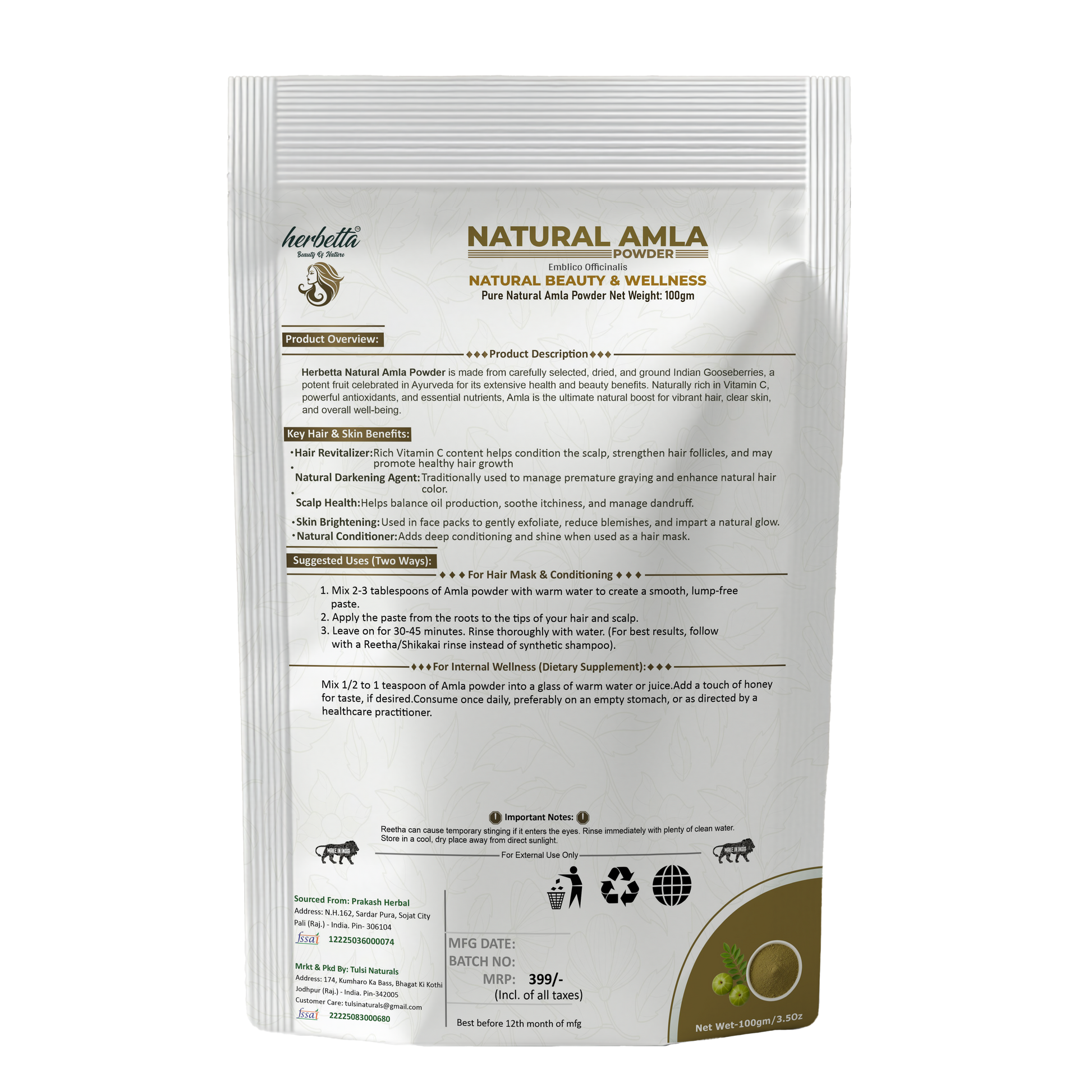 Herbetta Organic Amla Powder - Hair Growth & Scalp Treatment - Herbetta