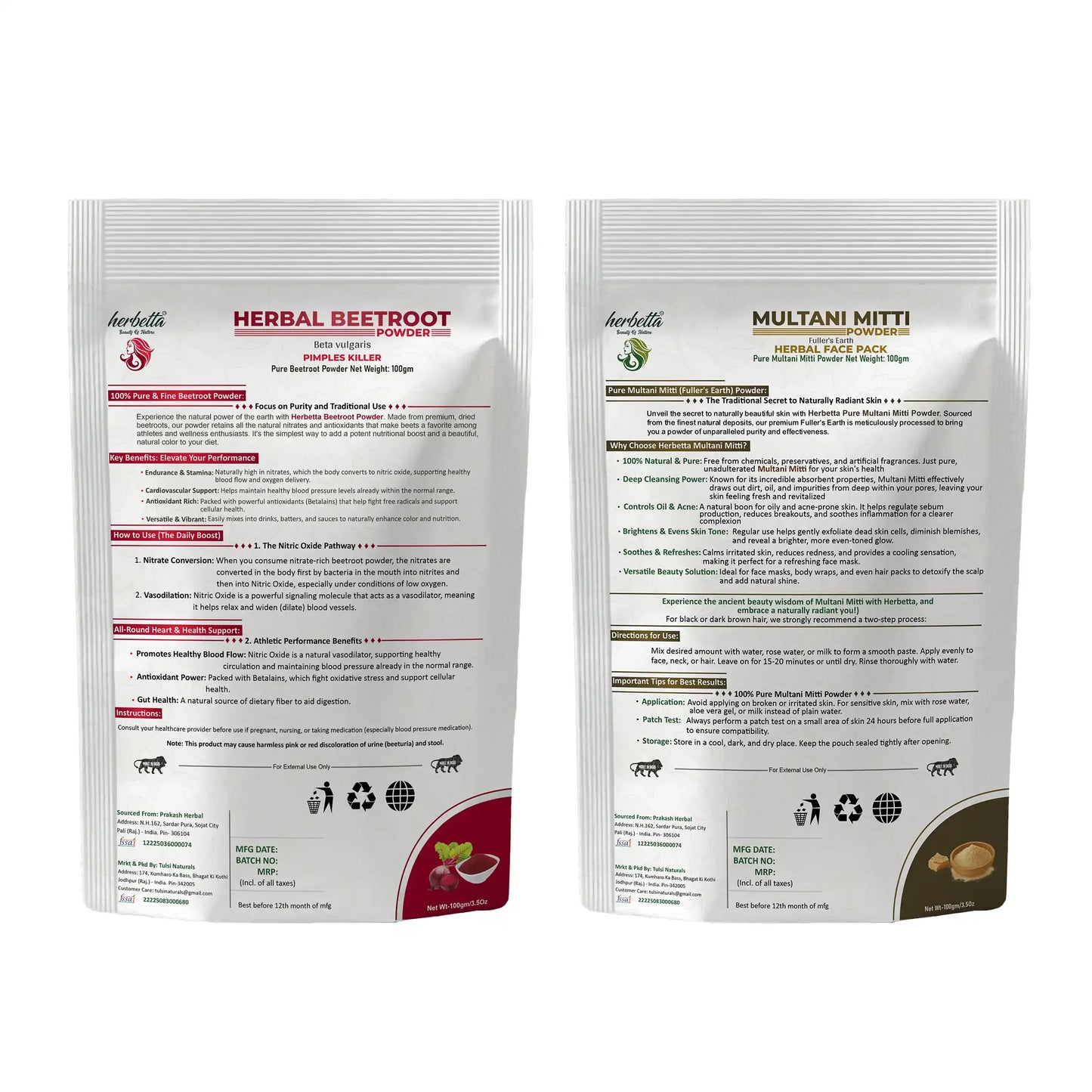 Herbetta Herbal Beetroot & Multani Mitti Powder Combo | Natural Face Pack for Skin Brightening & Oil Control (200g Pack) - Herbetta