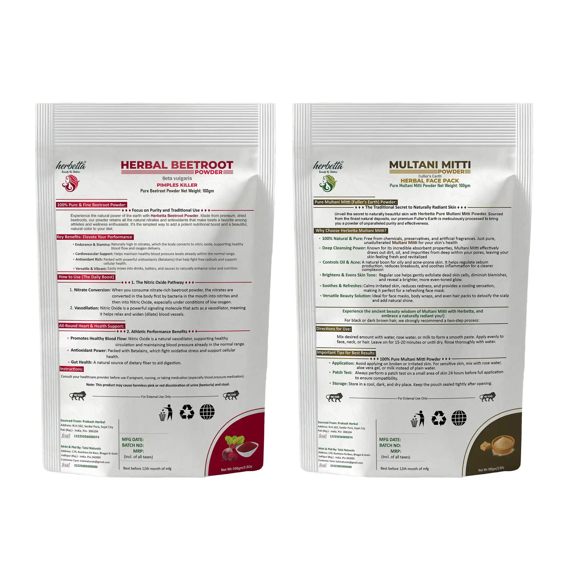 Herbetta Herbal Beetroot & Multani Mitti Powder Combo | Natural Face Pack for Skin Brightening & Oil Control (200g Pack) - Herbetta