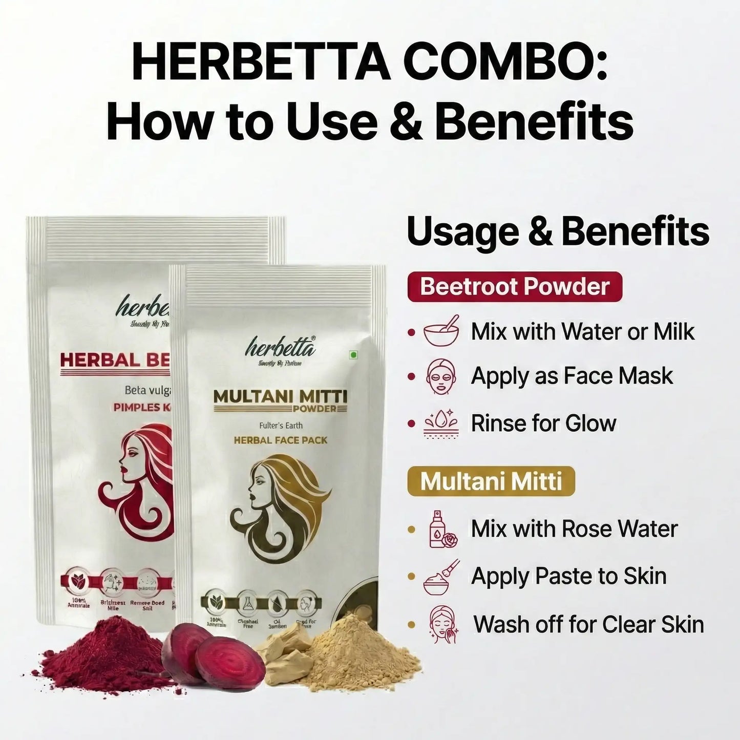 Herbetta Herbal Beetroot & Multani Mitti Powder Combo | Natural Face Pack for Skin Brightening & Oil Control (200g Pack) - Herbetta