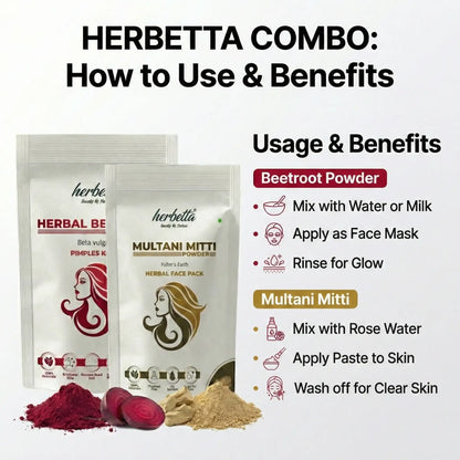 Herbetta Herbal Beetroot & Multani Mitti Powder Combo | Natural Face Pack for Skin Brightening & Oil Control (200g Pack) - Herbetta