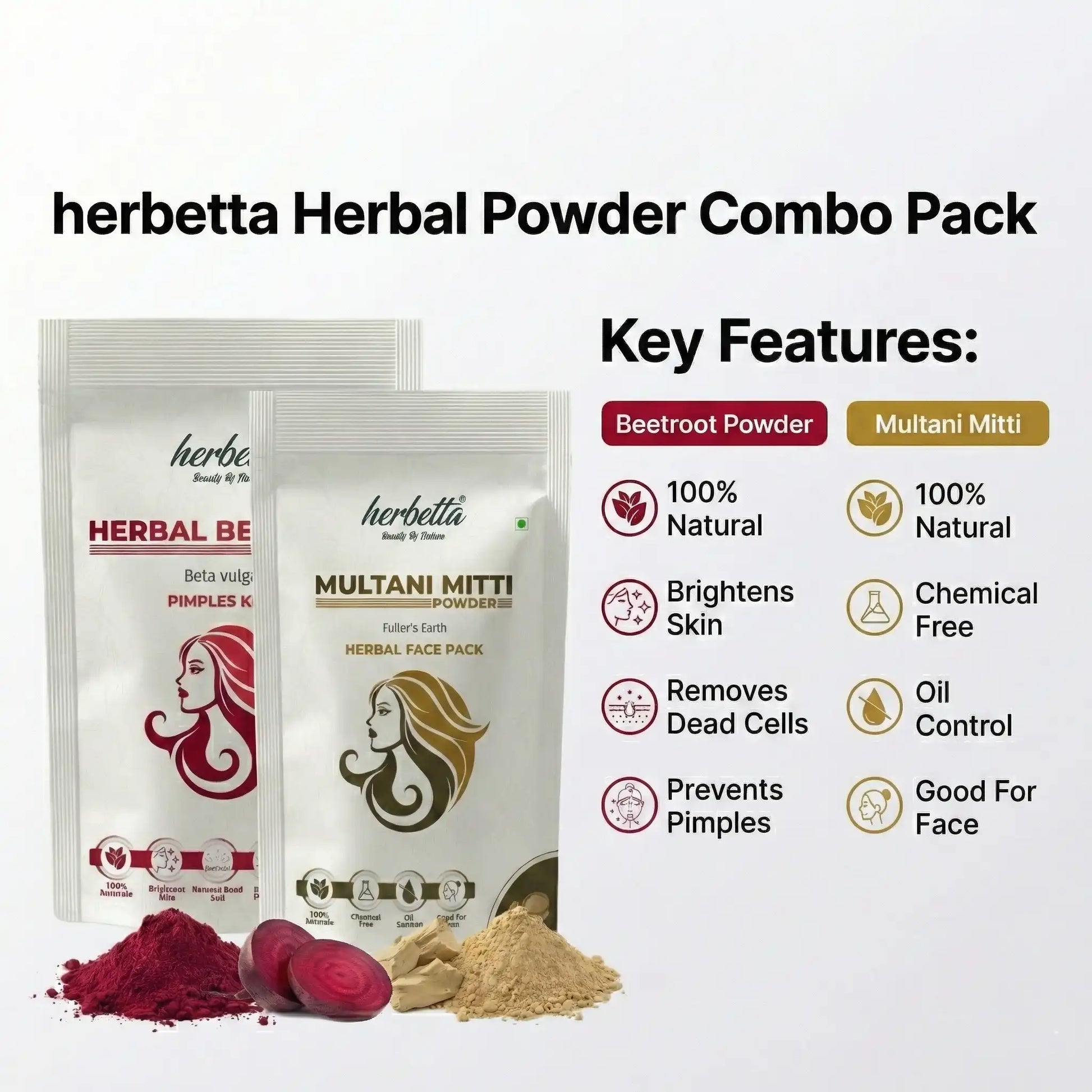 Herbetta Herbal Beetroot & Multani Mitti Powder Combo | Natural Face Pack for Skin Brightening & Oil Control (200g Pack) - Herbetta
