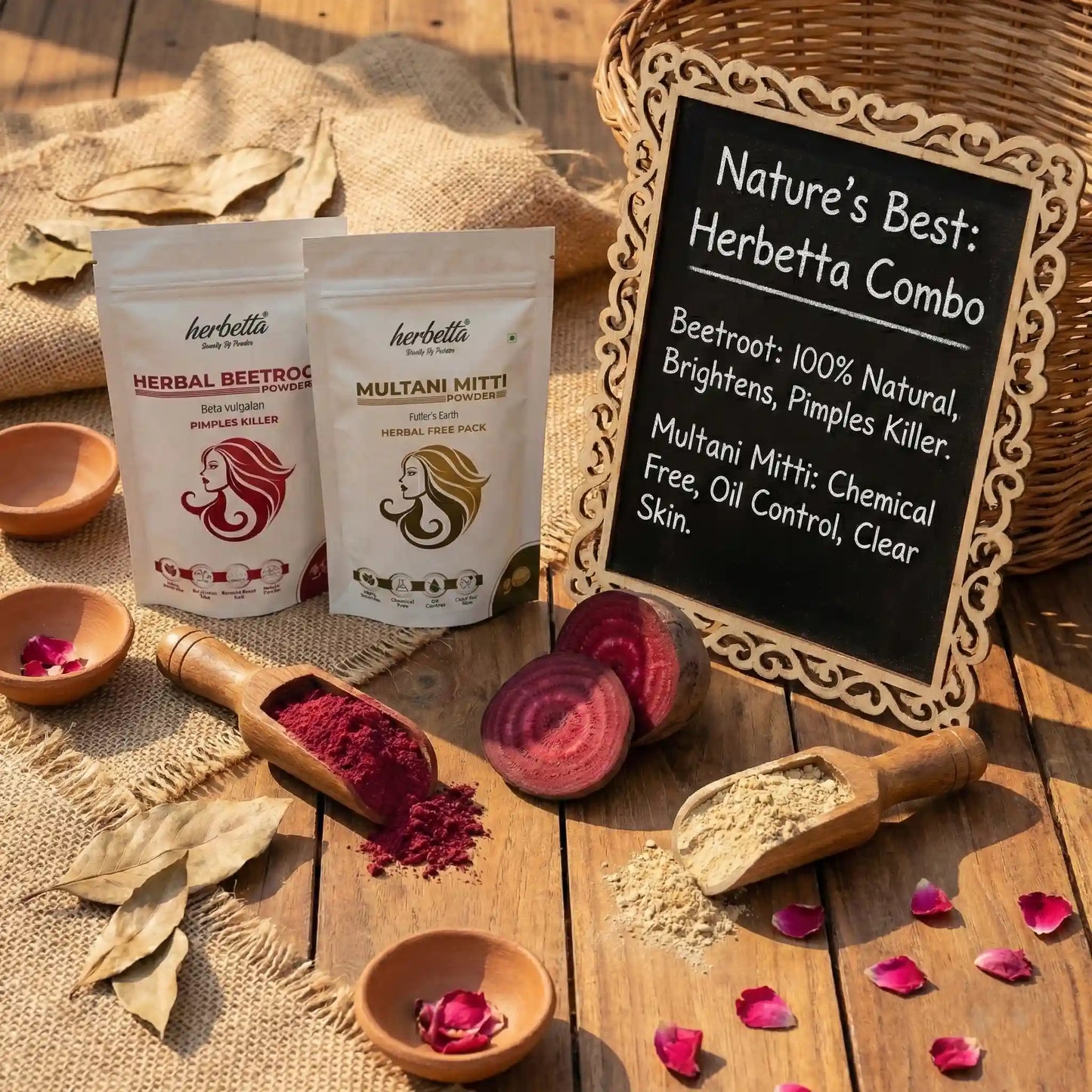 Herbetta Herbal Beetroot & Multani Mitti Powder Combo | Natural Face Pack for Skin Brightening & Oil Control (200g Pack) - Herbetta