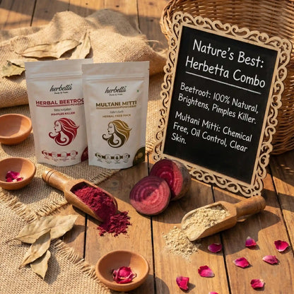 Herbetta Herbal Beetroot & Multani Mitti Powder Combo | Natural Face Pack for Skin Brightening & Oil Control (200g Pack) - Herbetta