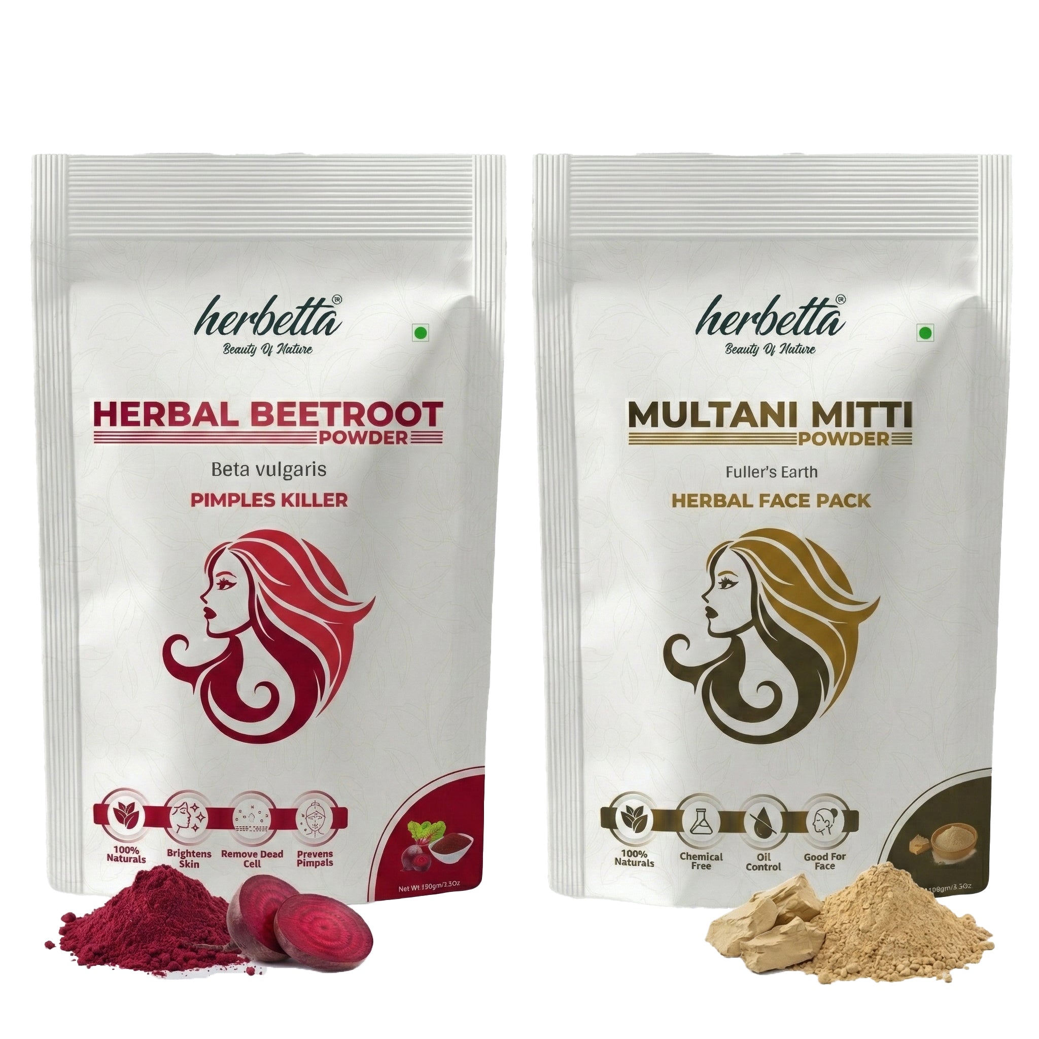 Herbetta Herbal Beetroot & Multani Mitti Powder Combo | Natural Face Pack for Skin Brightening & Oil Control (200g Pack) - Herbetta