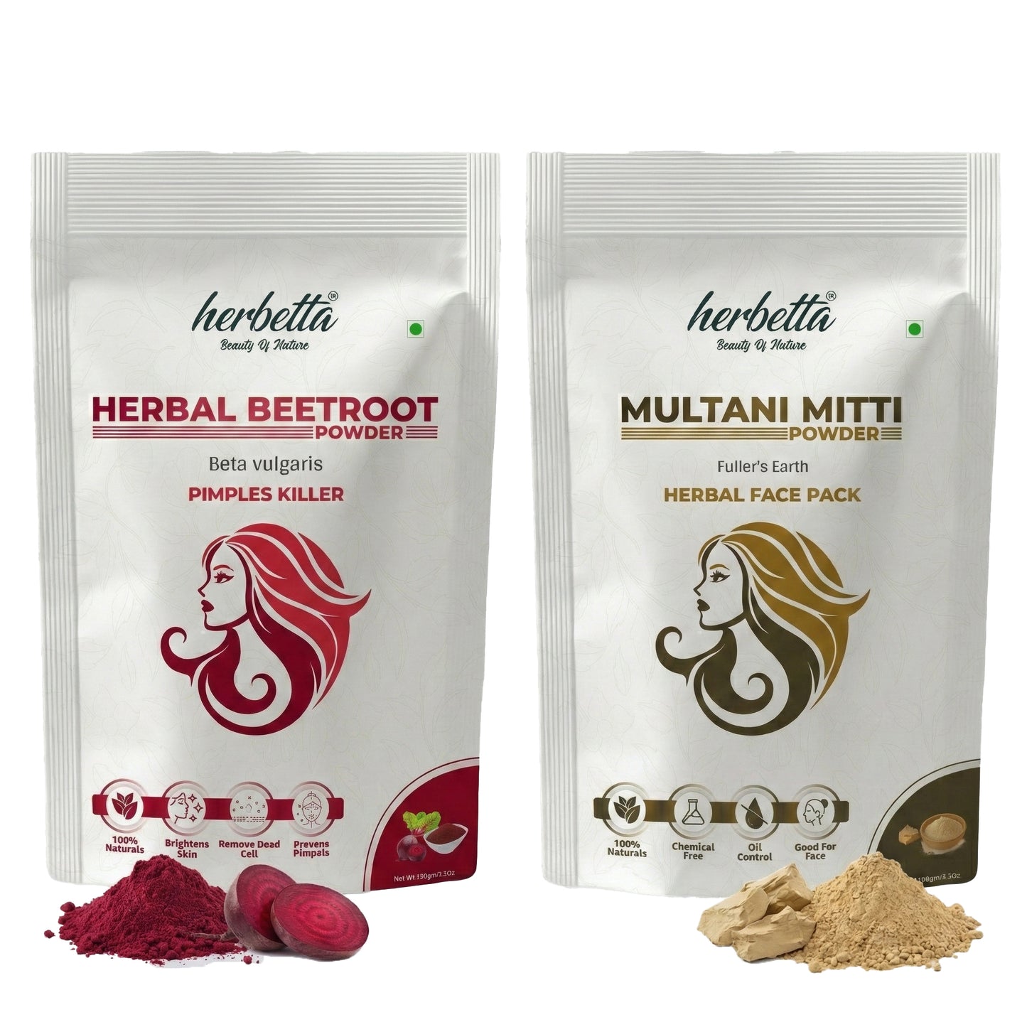 Herbetta Herbal Beetroot & Multani Mitti Powder Combo | Natural Face Pack for Skin Brightening & Oil Control (200g Pack) - Herbetta