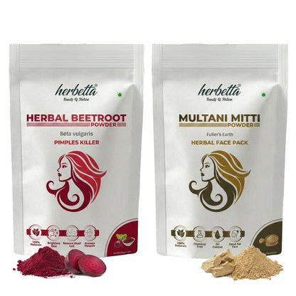 Herbetta Herbal Beetroot & Multani Mitti Powder Combo | Natural Face Pack for Skin Brightening & Oil Control (200g Pack) - Herbetta