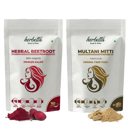 Herbetta Herbal Beetroot & Multani Mitti Powder Combo | Natural Face Pack for Skin Brightening & Oil Control (200g Pack) - Herbetta
