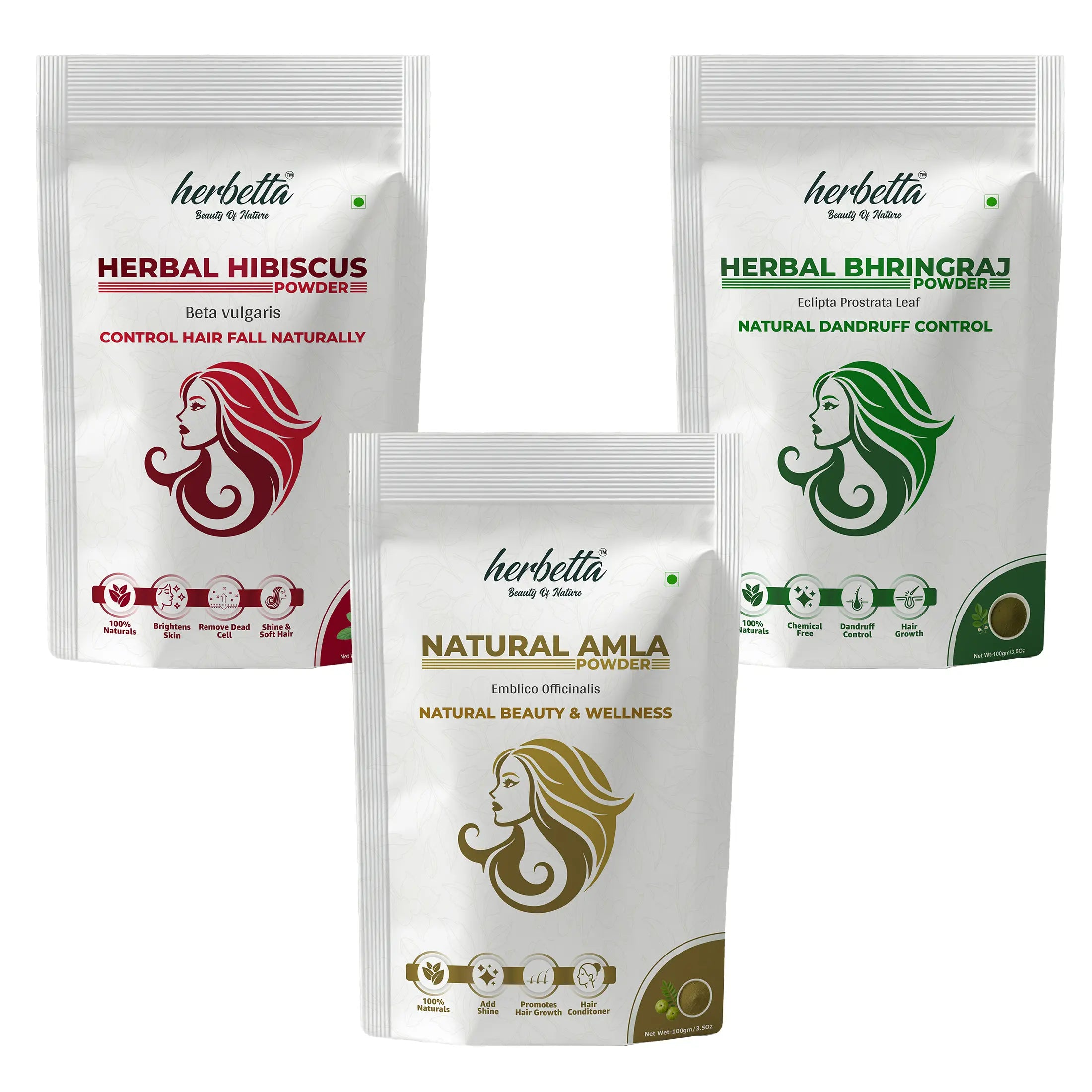 Herbetta Hair Growth Trio — Bhringraj + Hibiscus + Amla Powder Combo | 100% Natural Herbal Hair Pack - Herbetta