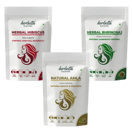 Herbetta Hair Growth Trio — Bhringraj + Hibiscus + Amla Powder Combo | 100% Natural Herbal Hair Pack - Herbetta