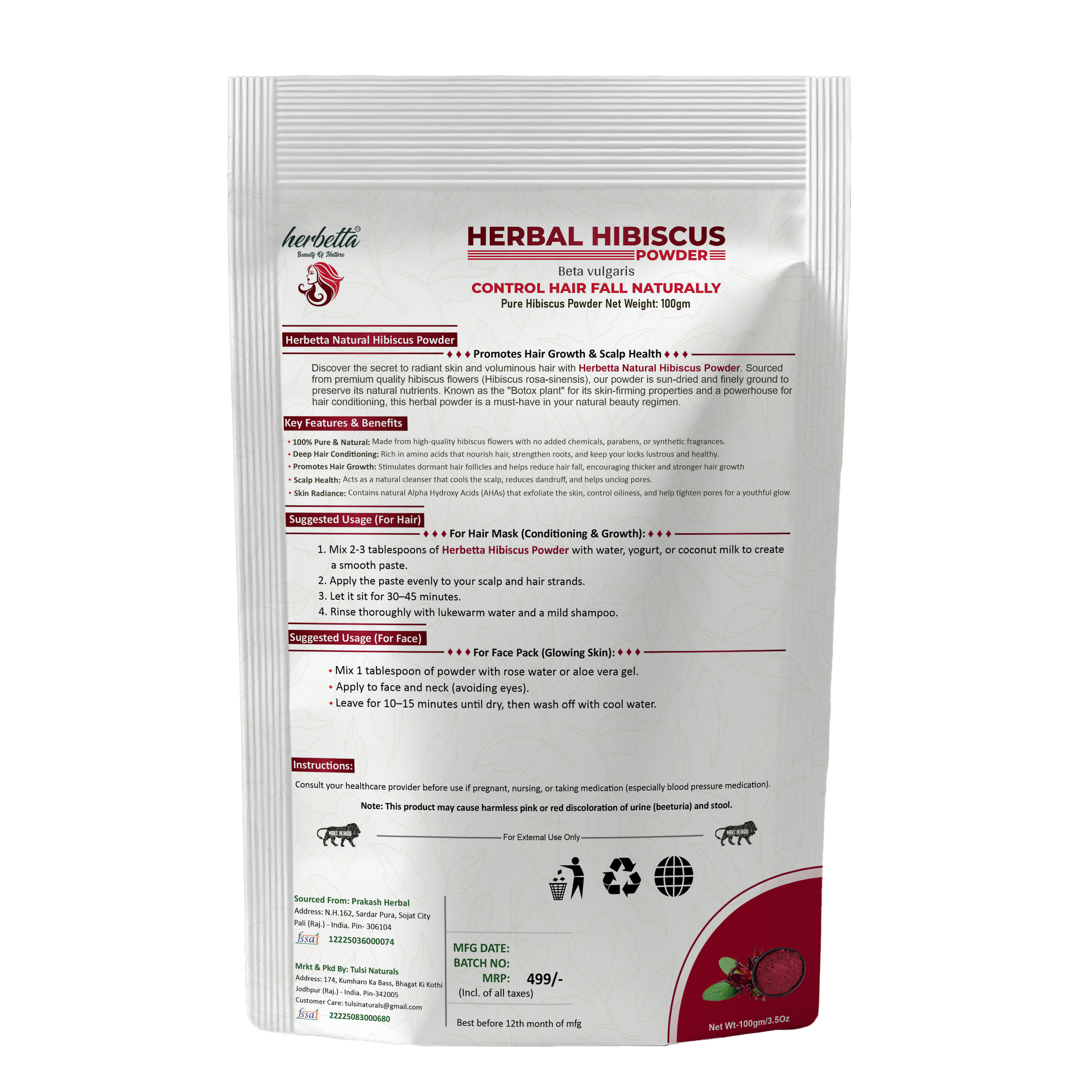 Herbetta Hibiscus Flower Powder - Natural Hair Fall Control & Growth Booster - Herbetta