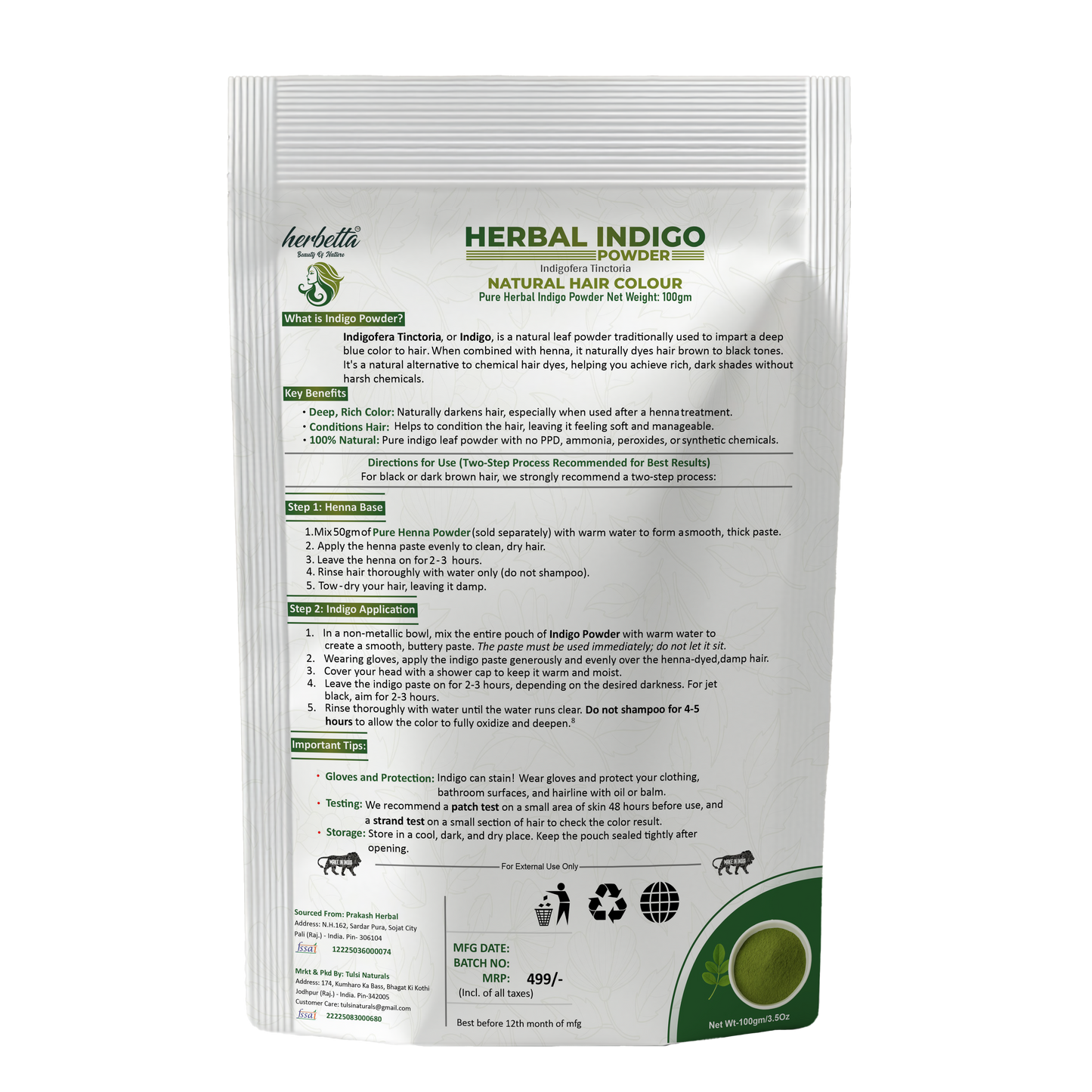 Herbetta Indigo Powder for Hair – Natural Black Dye (Post Henna) - Herbetta