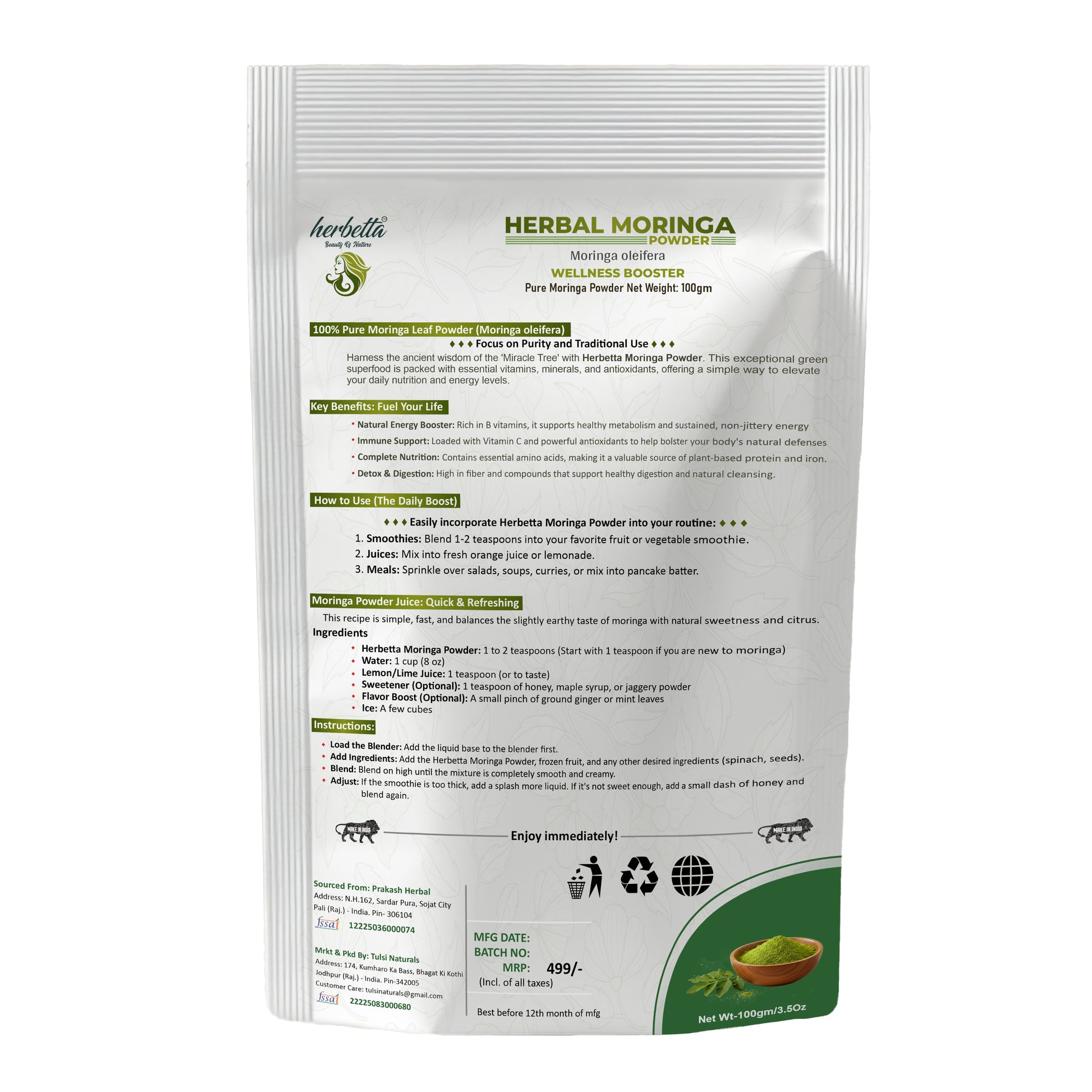 Herbetta Organic Moringa Powder - Premium Herbal Hair & Skin Care - Herbetta
