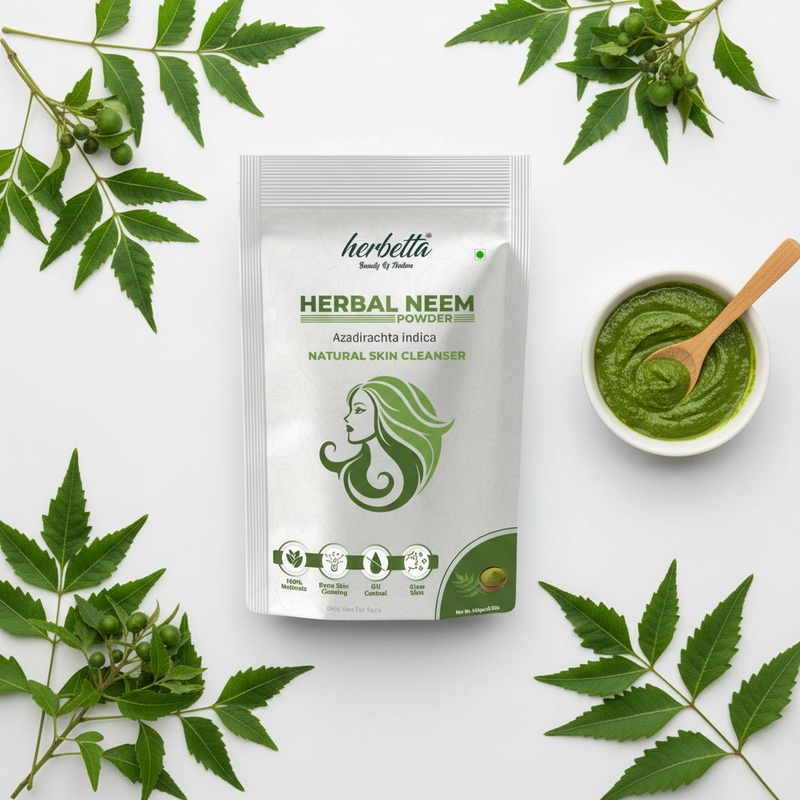 Herbetta Neem Leaf Powder - Natural Antibacterial Face & Hair Mask - Herbetta