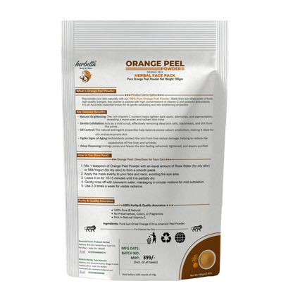Herbetta Natural Orange Peel Powder - Vitamin C Skin Brightening Face Pack - Herbetta