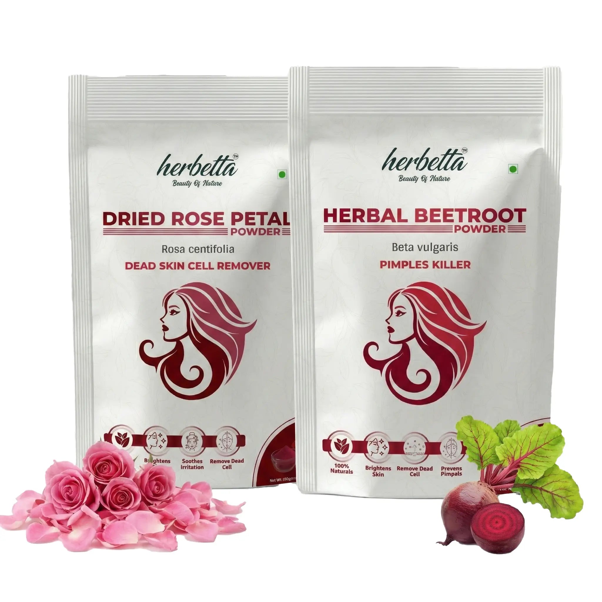 Herbetta Rose Petal & Beetroot Powder Combo for Face – Natural Glow & Acne Control Face Pack (100g + 100g) - Herbetta
