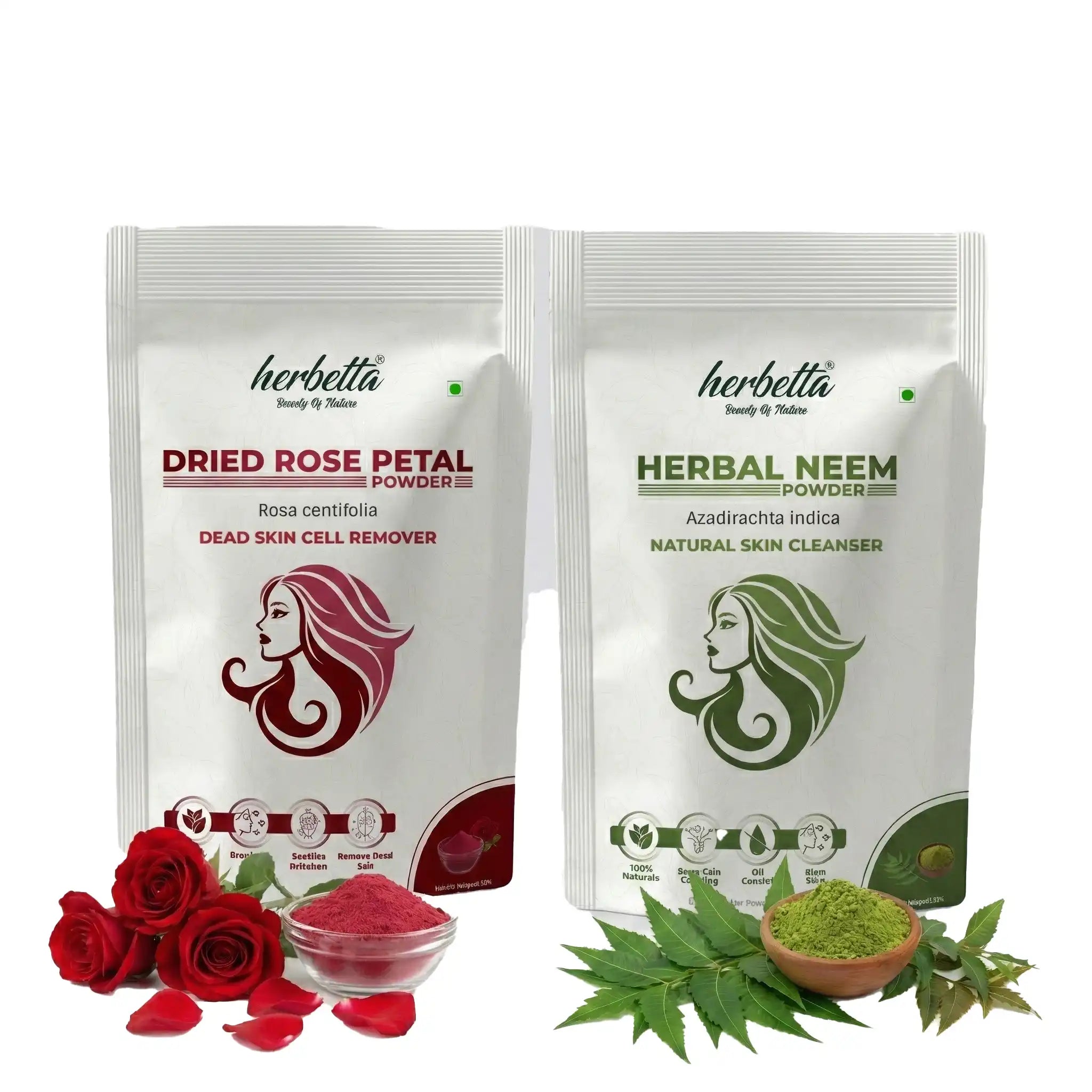 Herbetta Power Duo: Natural Dried Rose Petal & Herbal Neem Powder Combo for Radiant Glow & Clear Skin (2*100g)) - Herbetta