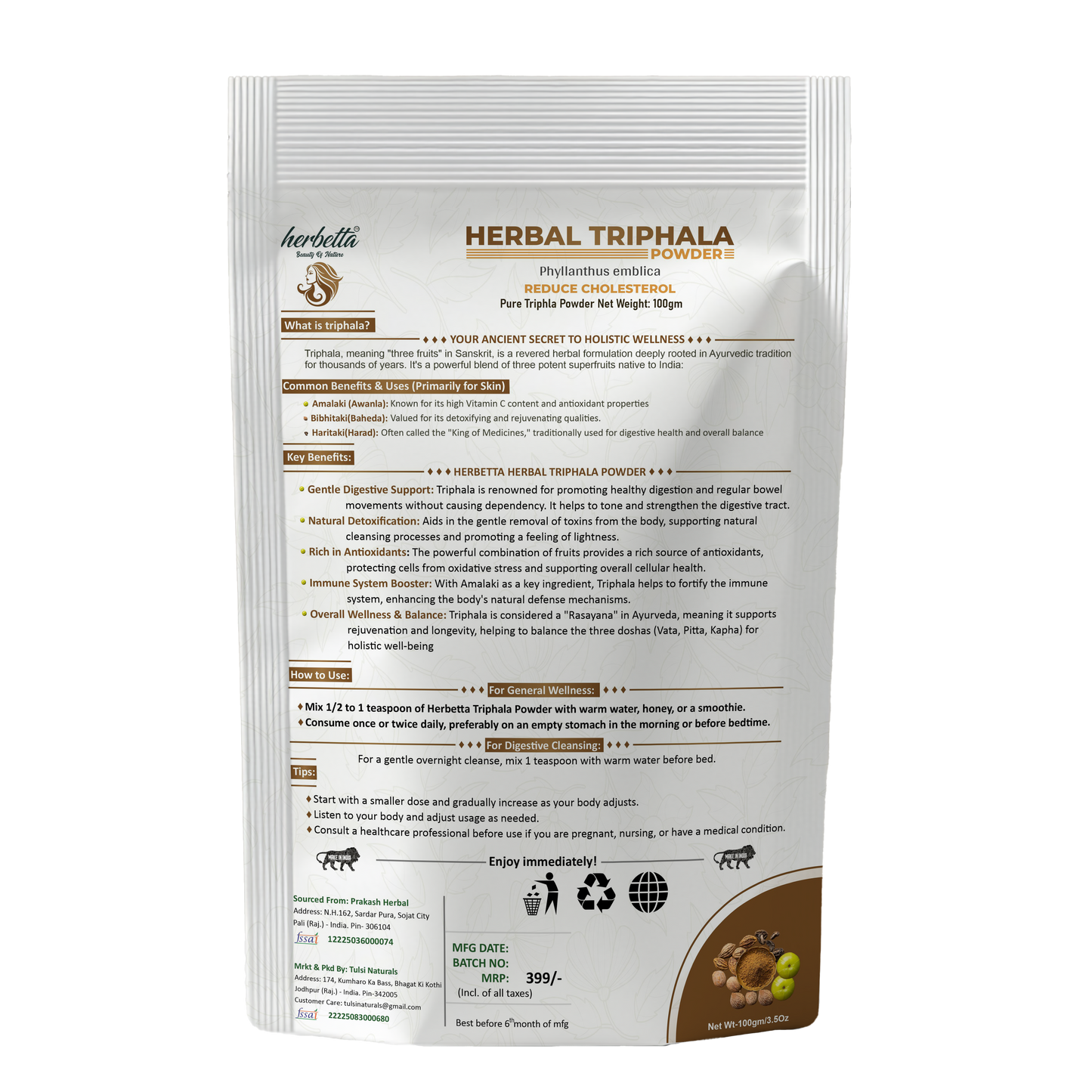 Herbetta Triphala Powder/Churna for Digestion & Gut Health - Herbetta